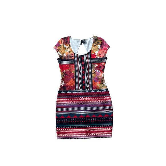 Fire Los Angeles Dresses & Skirts - Tribal Aztec Floral Print Bodycon Cap Sleeve Mini Dress Size S/M Red Multicolor